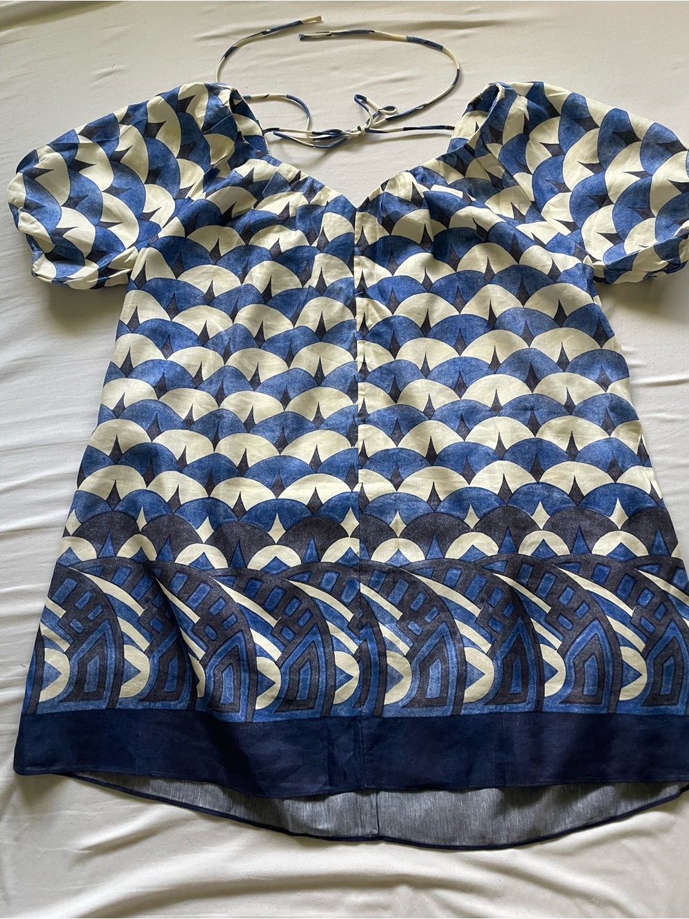 Banana Republic Blue and White Geometric Puff-Sleeve Tunic